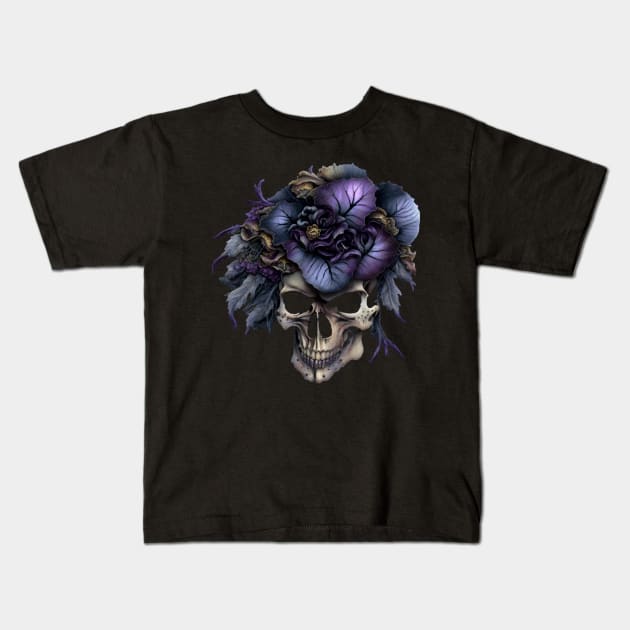 Skull Purple Rose Hair Kids T-Shirt by Evokative Wear